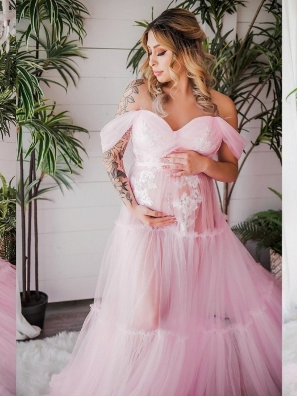 Pink Off-Shoulder Tulle Maternity Gown